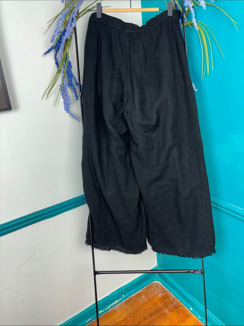 Eileen Fisher Black Wide-Leg Drawstring organic cotton raw hem crinkle gauzy - Picture 6 of 7